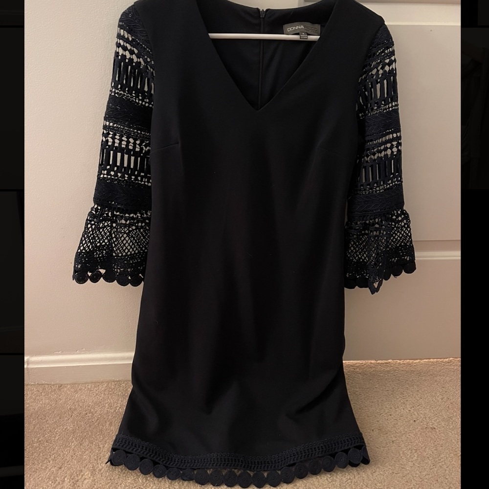 Navy dress with lace sleeves